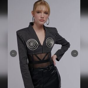 Striped Black and White Mesh Detail Top